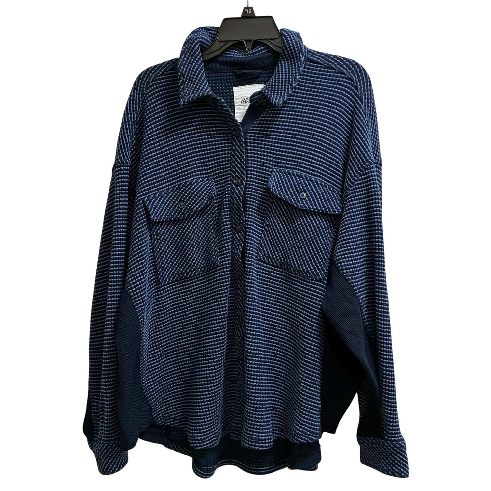 Aerie Waffle Knit Shacket Womens L Navy Blue Oversized Button Up Shirt Jacket